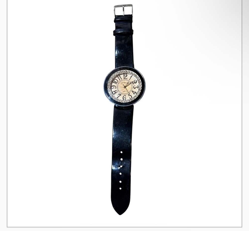 Geneva Women's Rhinestone Bezel Large Arabic Numeral Black Leather Strap Quartz